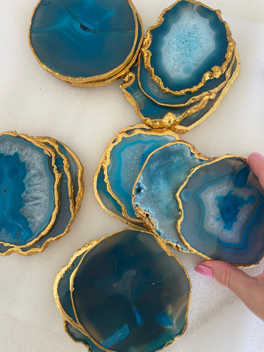 Gold Trim Fine Polished Blue Agate Coasters - Set 2