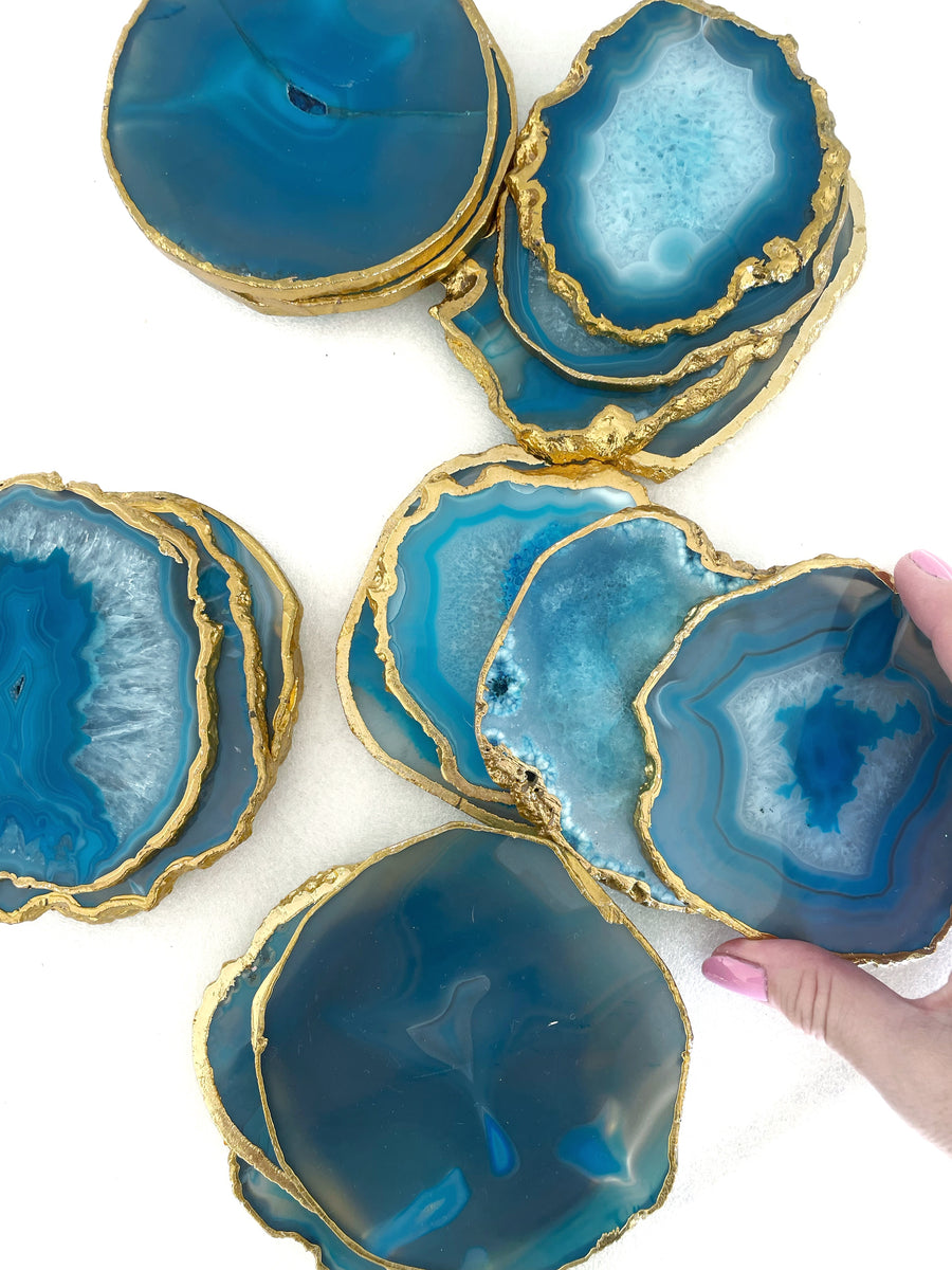 Gold Trim Fine Polished Blue Agate Coasters - Set 2