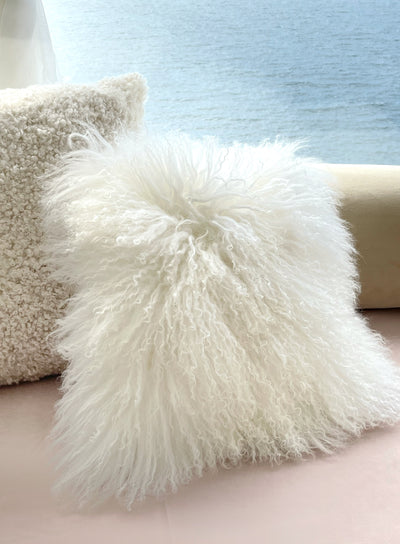 Real Tibetan Fur Mongolian Lambskin Sheepskin Cushion - Ivory