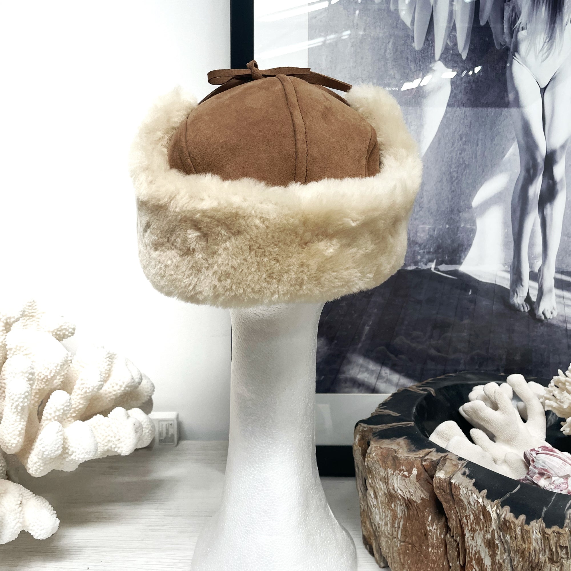 Sheepskin Shearling Tie-top Trapper Hat With Earflaps