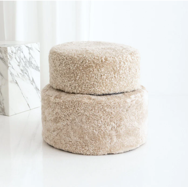 Shearling Sheepskin Round Ottoman - Bone