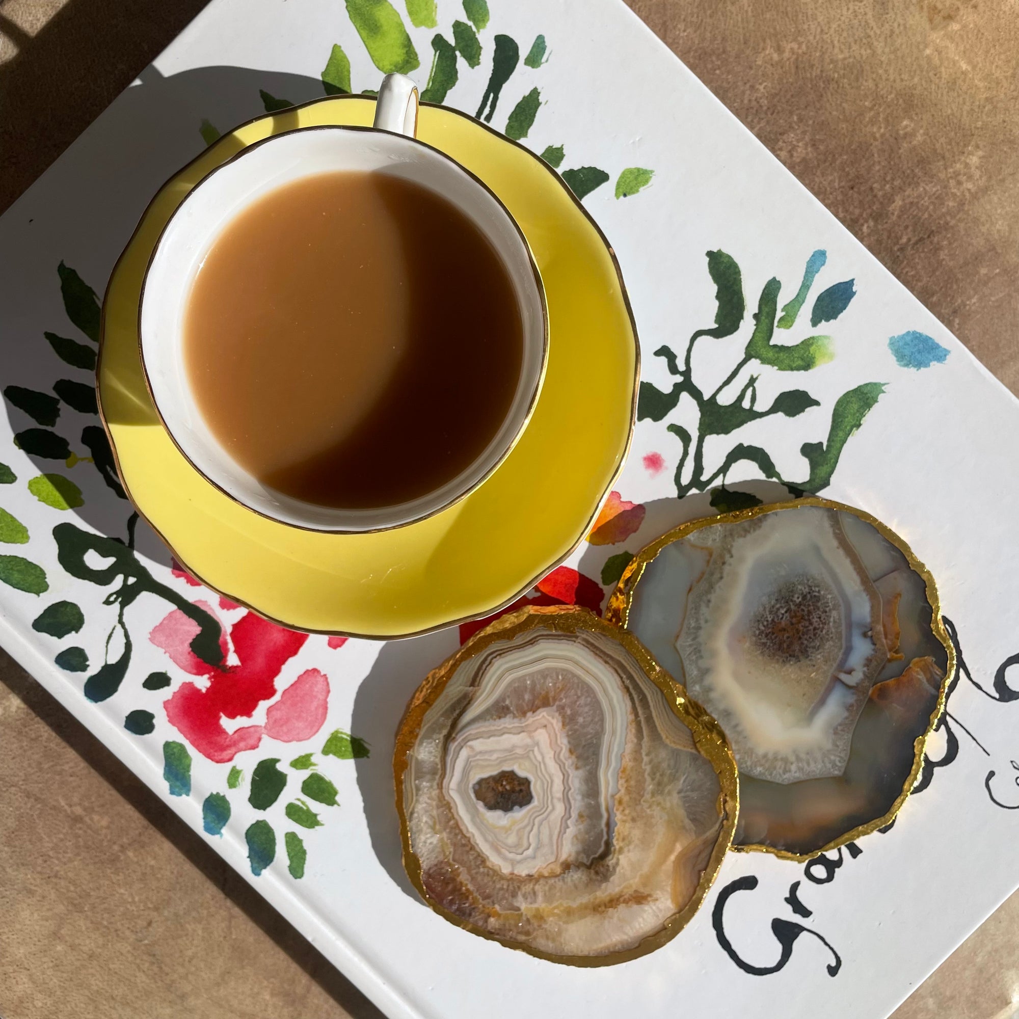 Gold Trim Fine Polished Natural Agate Coasters - Set 2