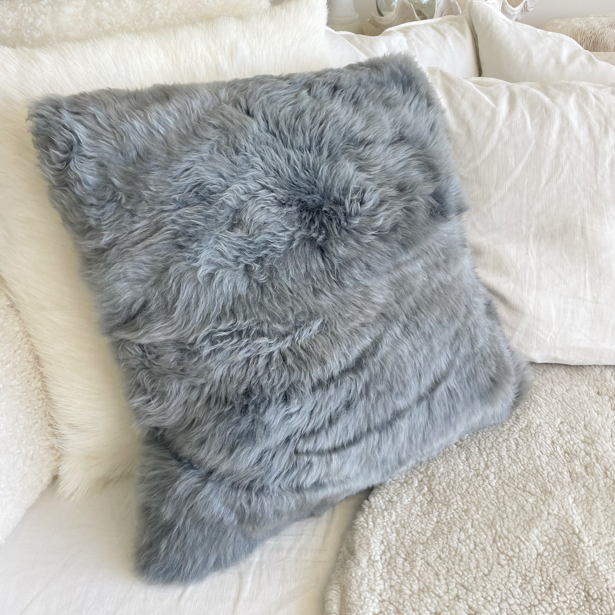 Long Wool Merino Sheepskin Cushion Cover - Grey