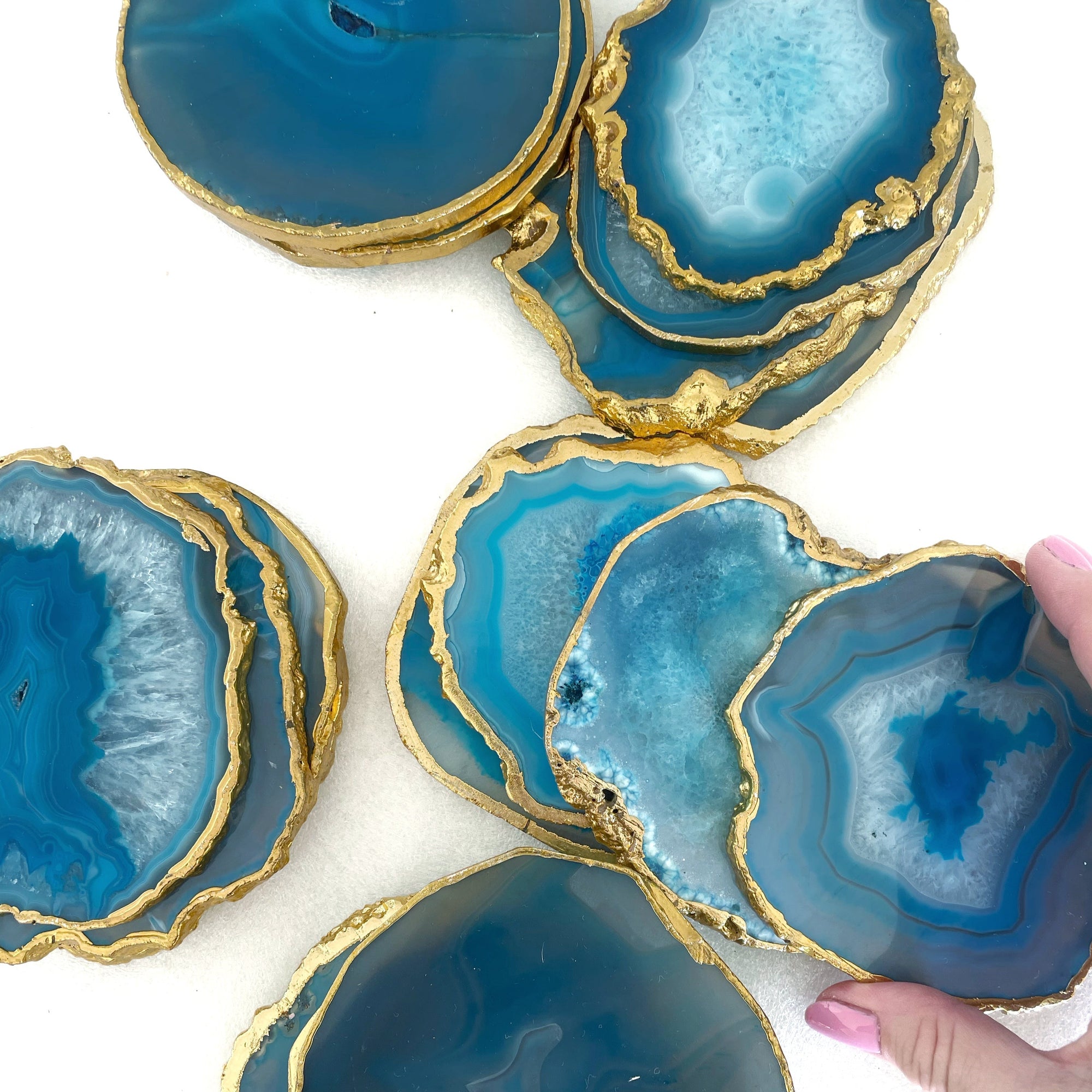 Gold Trim Fine Polished Blue Agate Coasters - Set 2