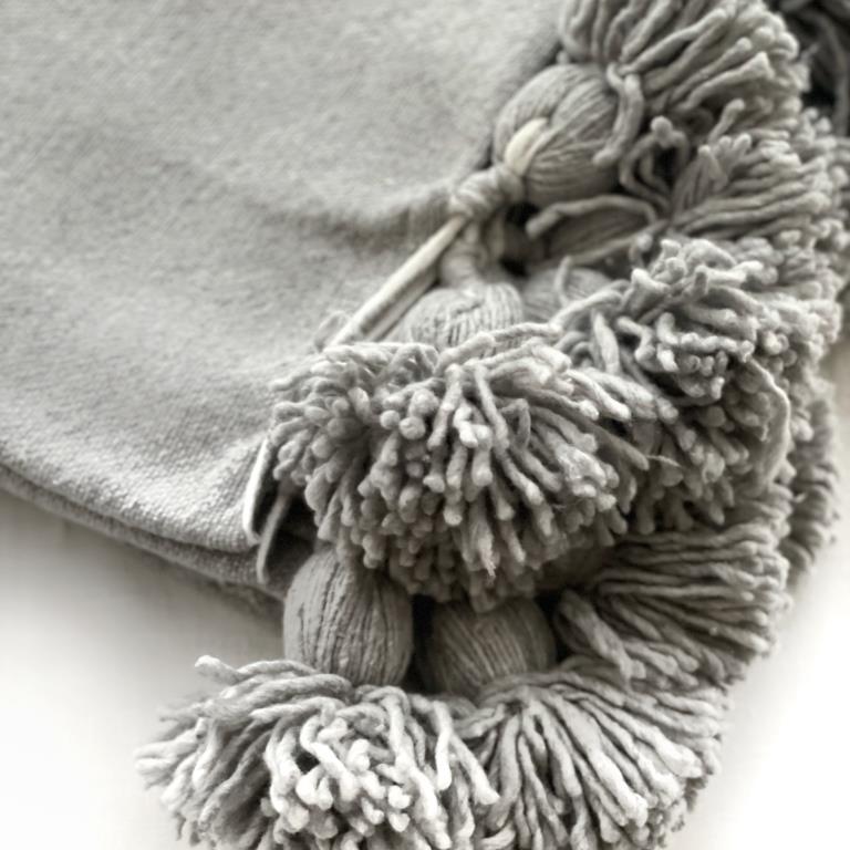 Moroccan Thick Cotton Pom Pom Throw - Grey