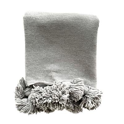 Moroccan Thick Cotton Pom Pom Throw - Grey