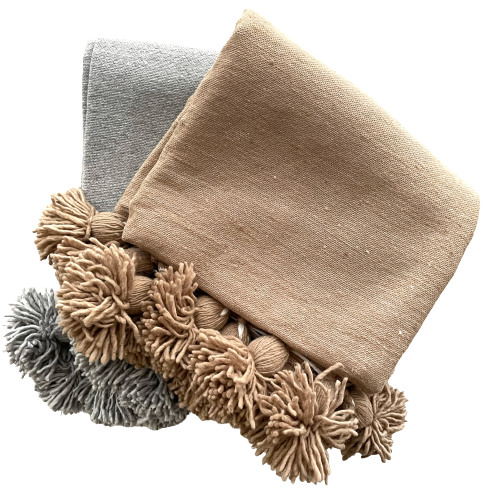 Moroccan Thick Cotton Pom Pom Throw - Grey