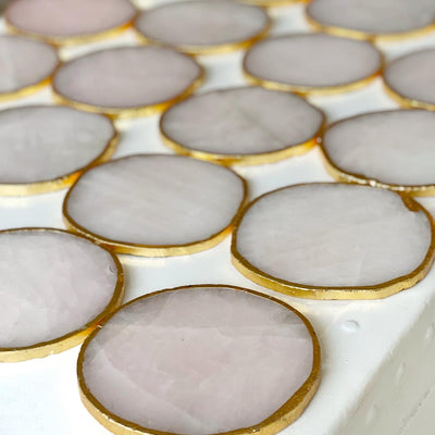 Gold Trim Fine Polished Rose Quartz Crystal Coasters - Set 2