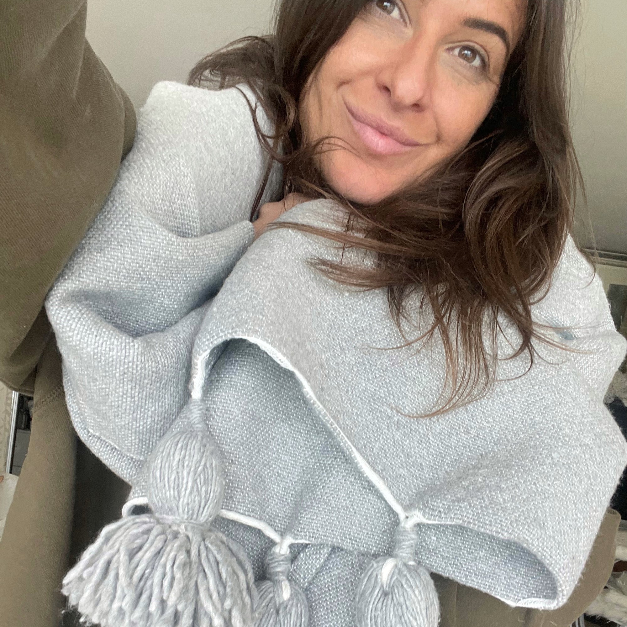 Moroccan Thick Cotton Pom Pom Throw - Grey