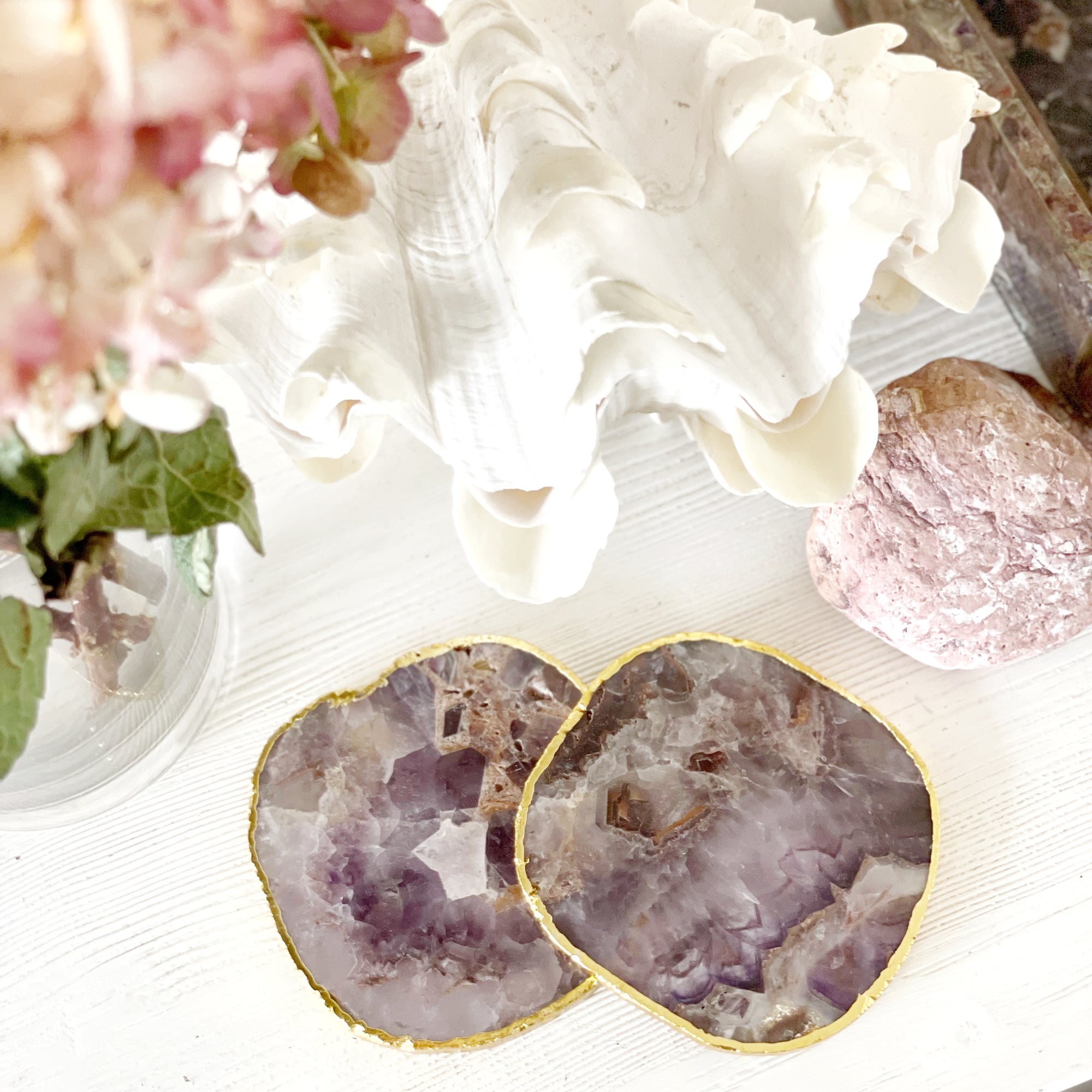 Gold Trim Fine Polished Amethyst Coasters - Set 2