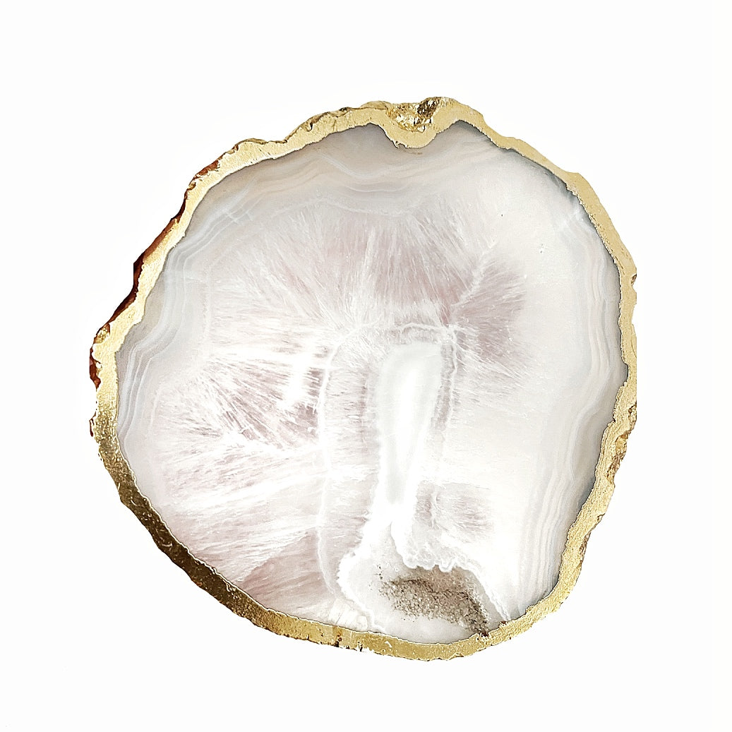Gold Trim Fine Polished White Agate Coasters - Set 2