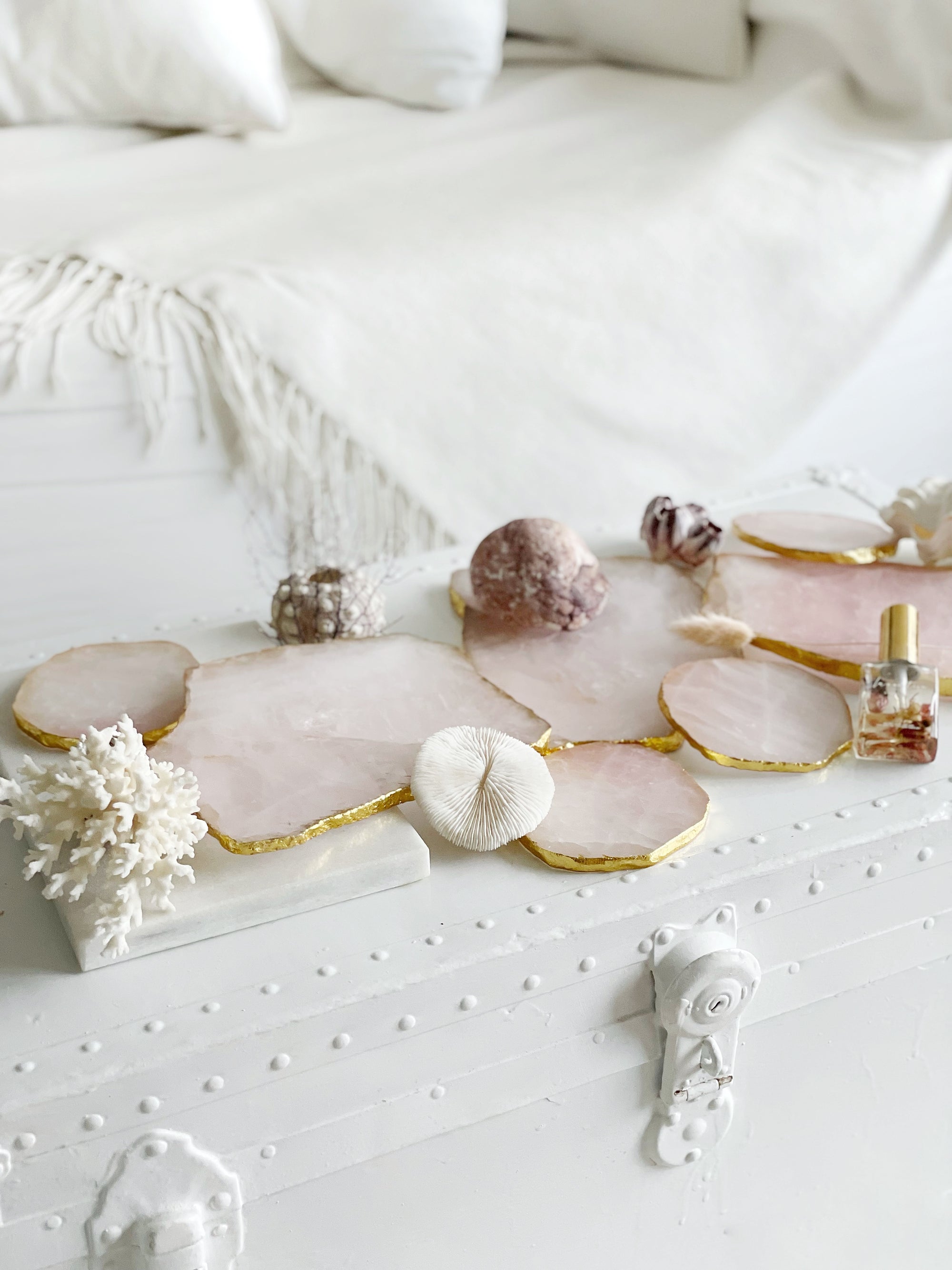 Gold Trim Fine Polished Rose Quartz Crystal Coasters - Set 2