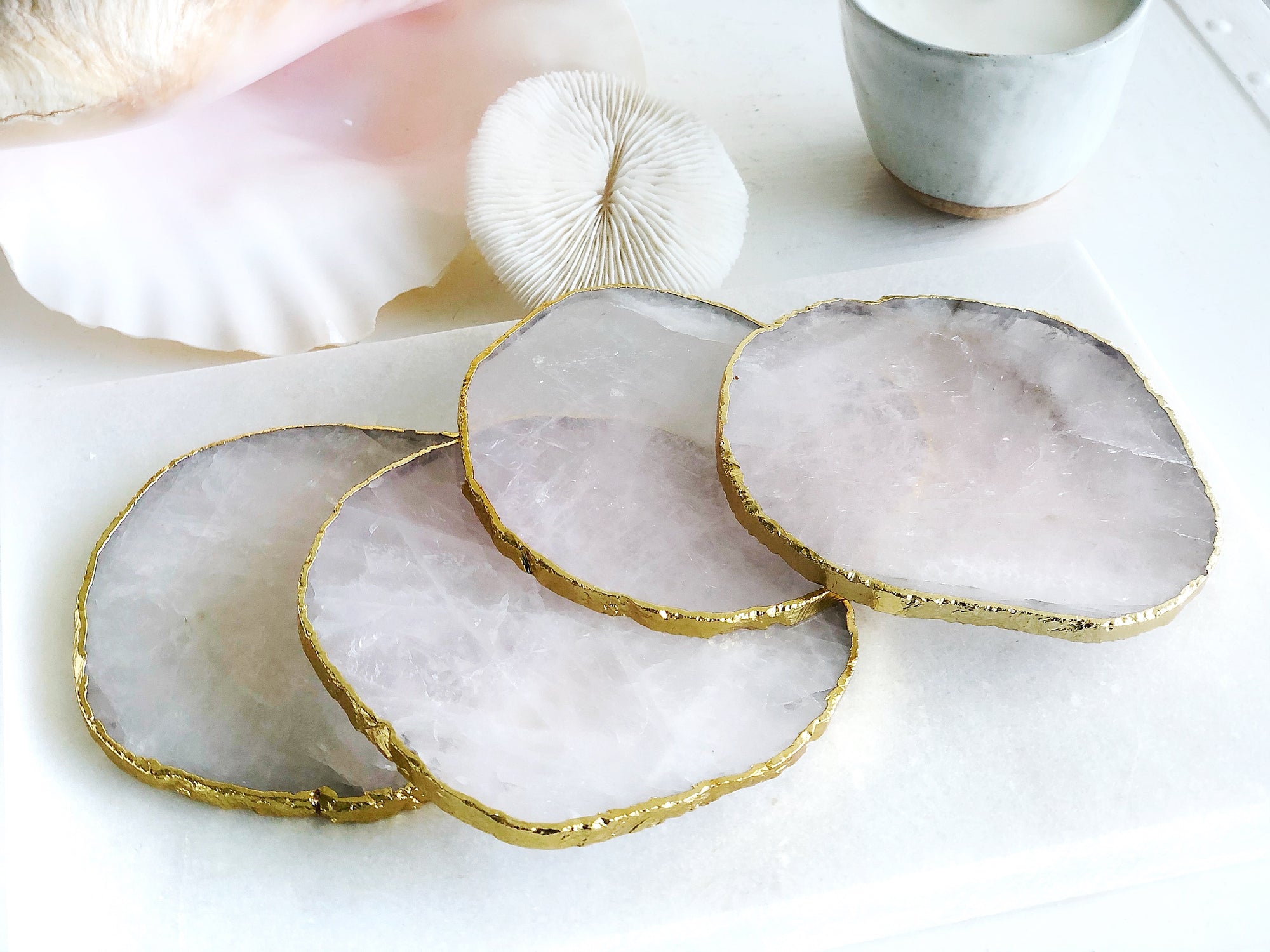 Gold Trim Fine Polished Rose Quartz Crystal Coasters - Set 2