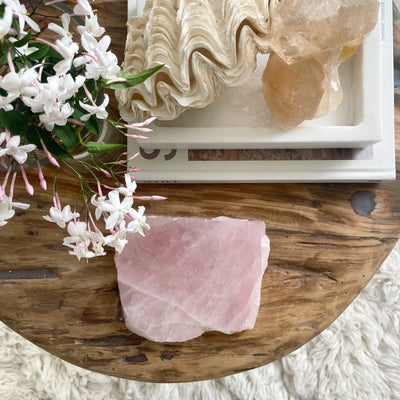 Thick Cut Natural Rose Quartz Crystal Slab Platter Tray III