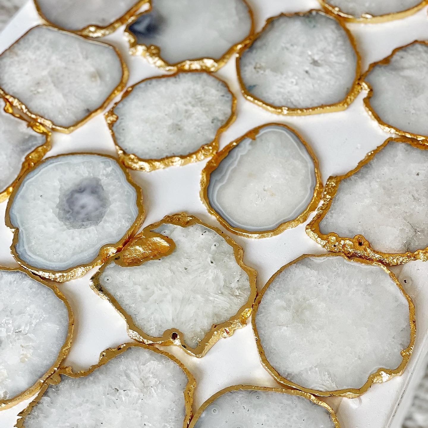 Gold Trim Fine Polished White Agate Coasters - Set 2