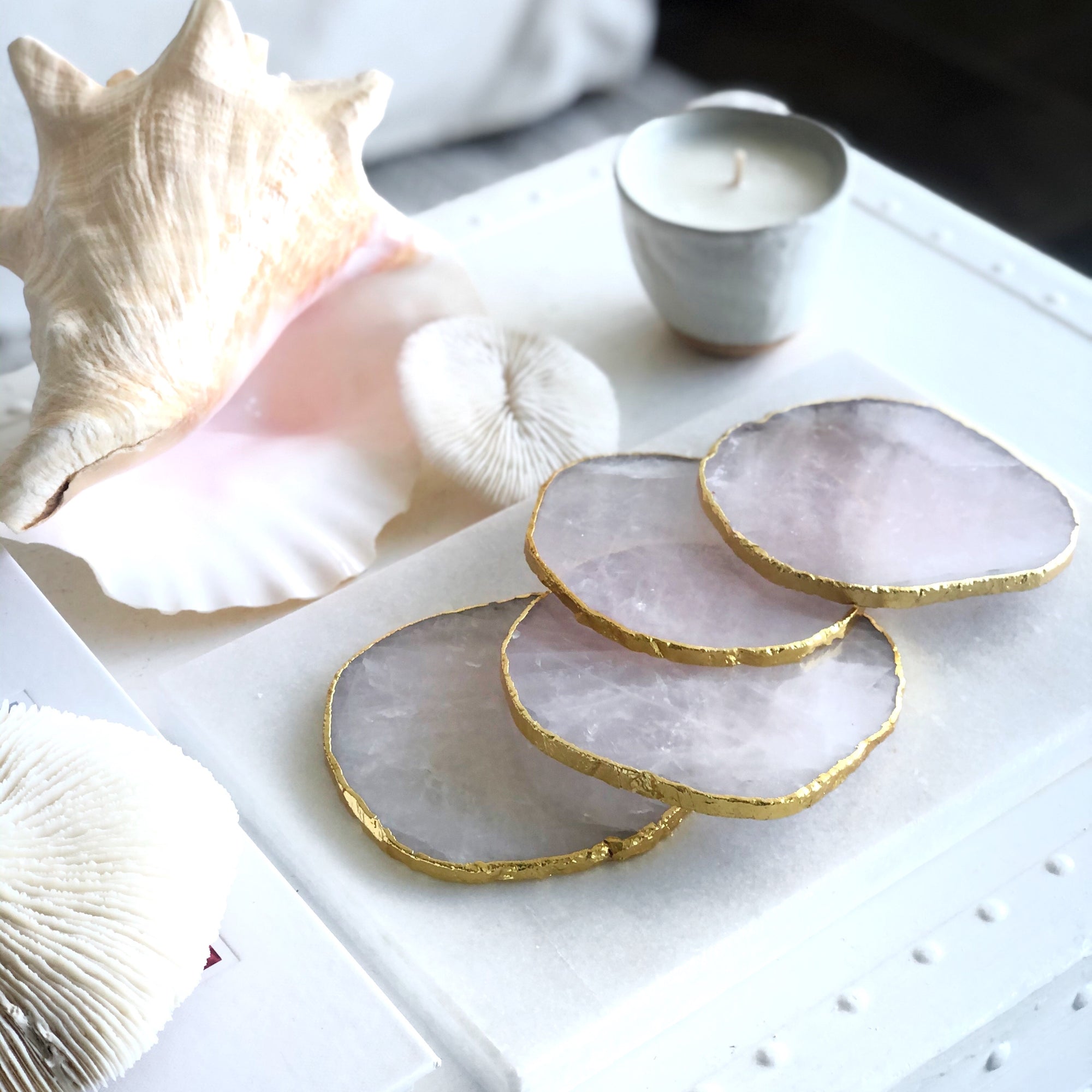 Gold Trim Fine Polished Rose Quartz Crystal Coasters - Set 2