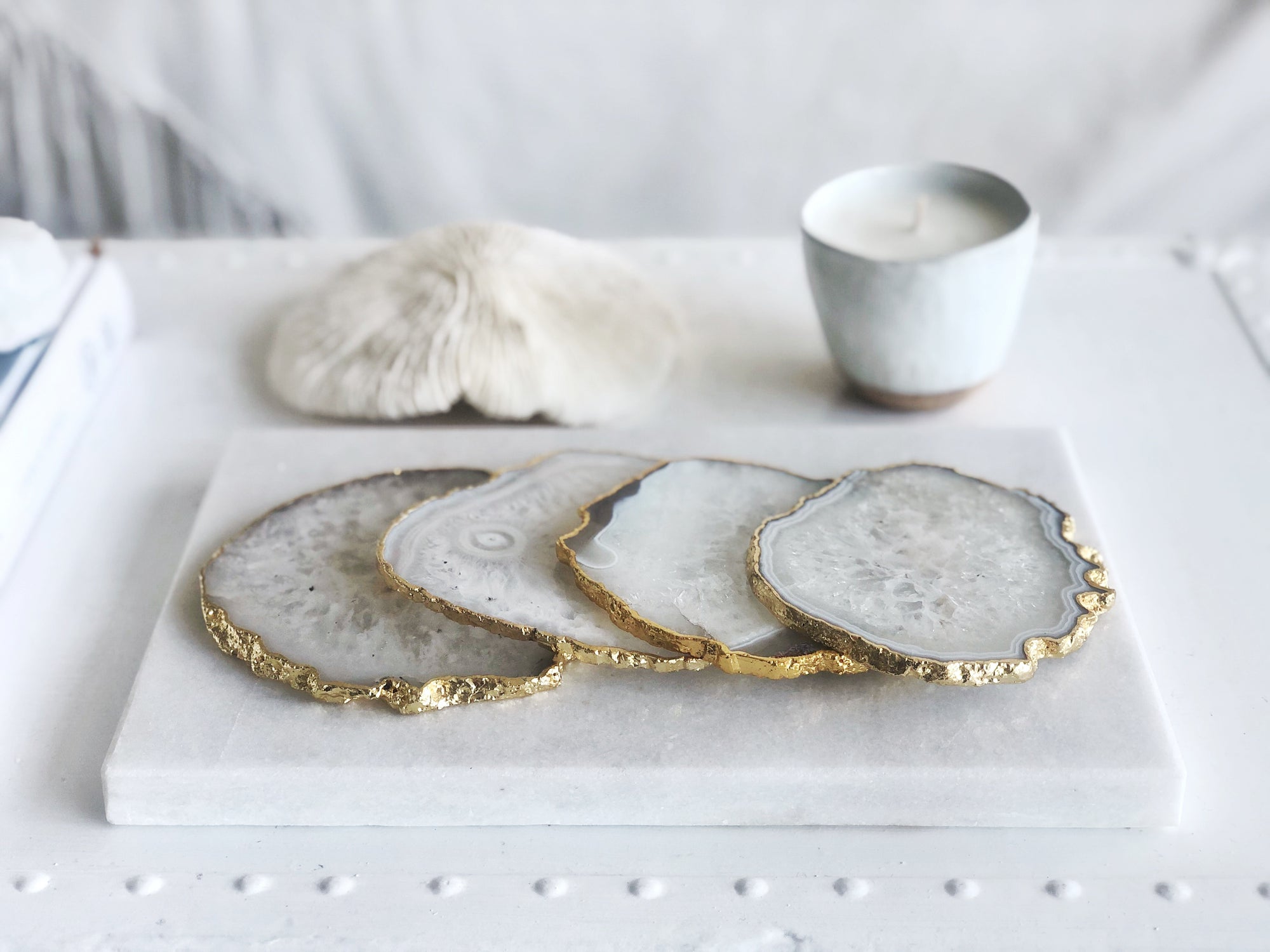 Gold Trim Fine Polished White Agate Coasters - Set 2