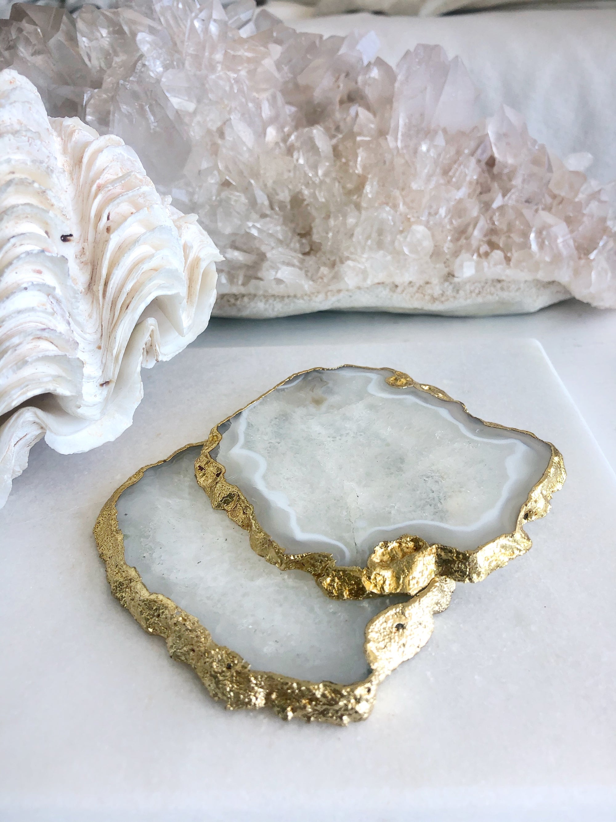 Gold Trim Fine Polished White Agate Coasters - Set 2
