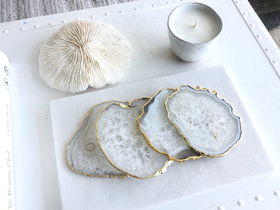 Gold Trim Fine Polished White Agate Coasters - Set 2