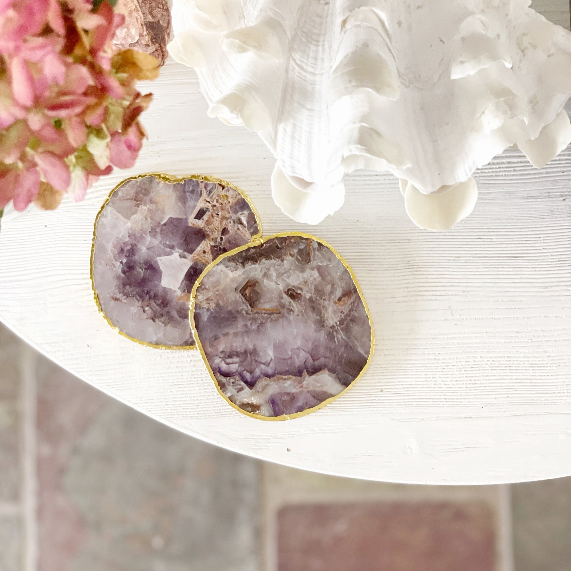 Gold Trim Fine Polished Amethyst Coasters - Set 2