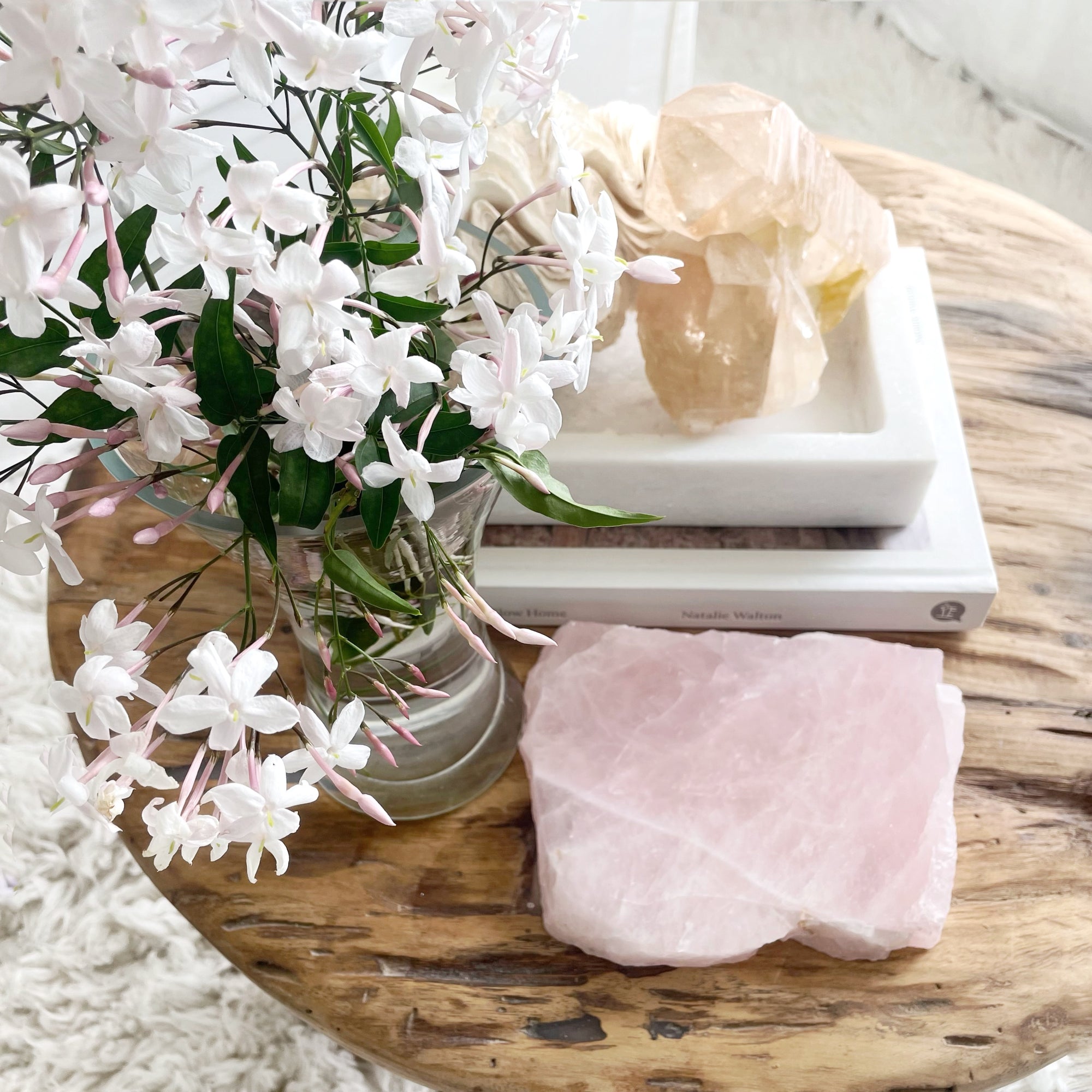 Thick Cut Natural Rose Quartz Crystal Slab Platter Tray III