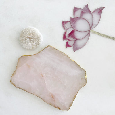 Gold Trim Fine Polished Rose Quartz Crystal Slab Platter - Medium