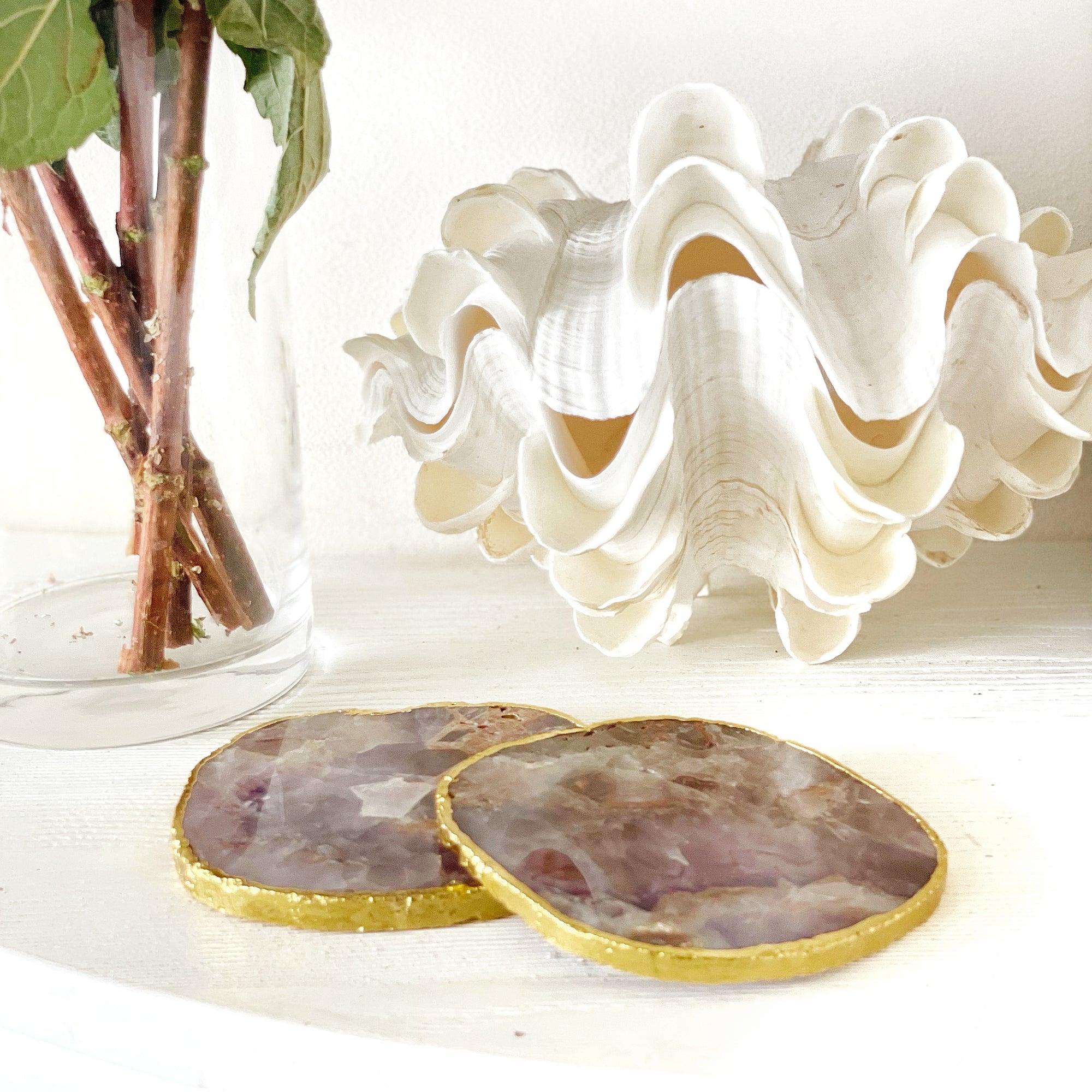 Gold Trim Fine Polished Amethyst Coasters - Set 2