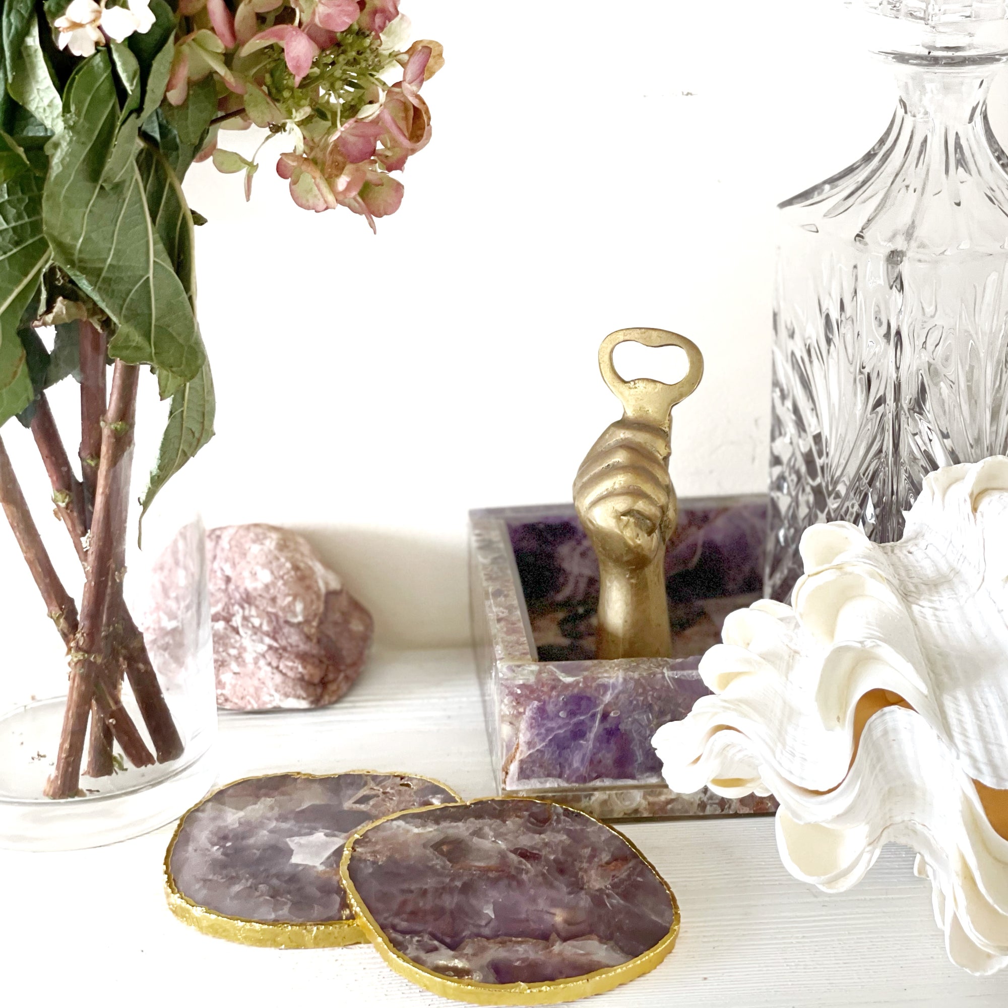 Gold Trim Fine Polished Amethyst Coasters - Set 2