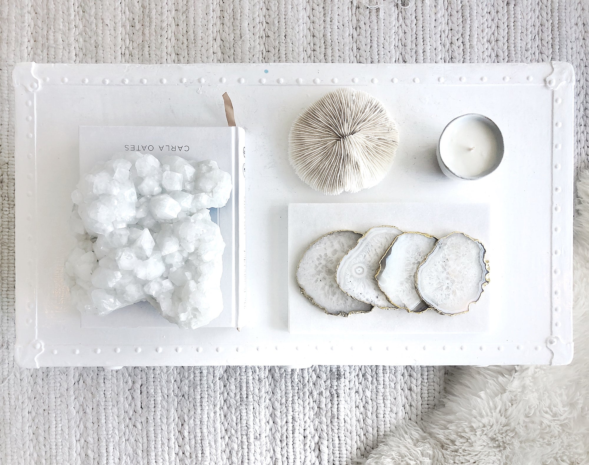 Gold Trim Fine Polished White Agate Coasters - Set 2